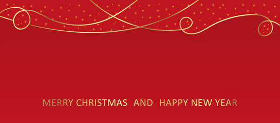 Wall Mural - Merry Christmas greeting on a red background with golden elements.Happy New Year 2024.Merry Christmas and Happy New Year web banner illustration with gold threads and sequins. Vector