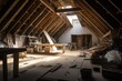 A glimpse inside an unfinished attic of a house during renovations.