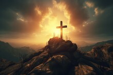 Cross Christ Sunset Stone. Generate Ai