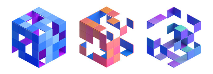 set of abstract cubes in different colors, 3d render