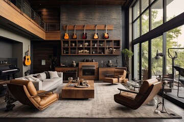 Wall Mural - The living room of a contemporary house features an armchair and a display of acoustic guitars hanging on the wall, creating a musicians haven for home decor.