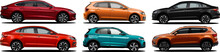 Vector Realistic Car Collection Includes Red, Black Sedans And Orange, Green SUVs And Orange Hatchback All This Cars In Side View With Gradients And White Background	