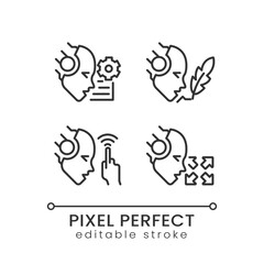 Poster - Artificial intelligence capabilities pixel perfect linear icons set. Machine learning. Business opportunities. Customizable thin line symbols. Isolated vector outline illustrations. Editable stroke