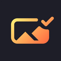 Sticker - Applied photo file orange solid gradient ui icon for dark theme. Editing application. Adding content. Filled pixel perfect symbol on black space. Modern glyph pictogram for web. Isolated vector image