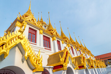 Golden metal castle illuminated, Wat Ratchanatdaram Woravihara, Loha Prasat temple at Bangkok city