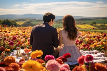 A Couple Picnicking In A Vibrant Flower Field Surrounded By Colorful Blooms Outdoors Generative AI