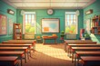 © sirisakboakaew - Cartoon classroom interior with view on the blackboard, school desks with chairs, bookcase, door, and window.