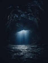 Dark Cave Tunnel With A Glowing Light In The End