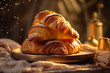 cup background background morning bakery bokeh croissant sweet food drink table breakfast. Generative AI.