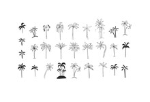 Hand Drawn Vector Abstract Minimalistic Line Art Graphic Drawing Tropical Exotic Nature Palm Tree Set Icon Sign Collection Isolated.Summer Travel Jungle Design Concept.Summer Tropical Tree Logo Set.