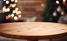 Wooden Table Top For Product Display Mockup With Festive Christmas Tree Background