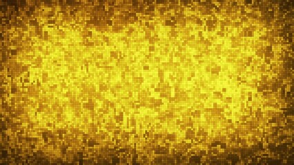 Wall Mural - Golden particle squares with abstract background. Disco gold party background. Digital communication technology.