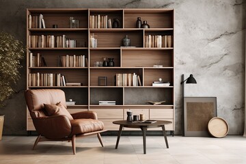 A contemporary room with an armchair and a bookcase as part of its furnishings.
