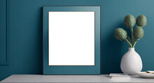 Aquamarine Vertical Frame Mockup In Modern Minimalist Interior With Flowers In Trendy Vase On Aquamarine Wall Background, Template For Artwork, Painting, Photo Or Poster