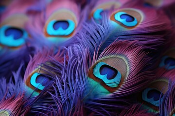 Abstract peacock feather, macro close up. Vivid exotic bird feather texture background. 