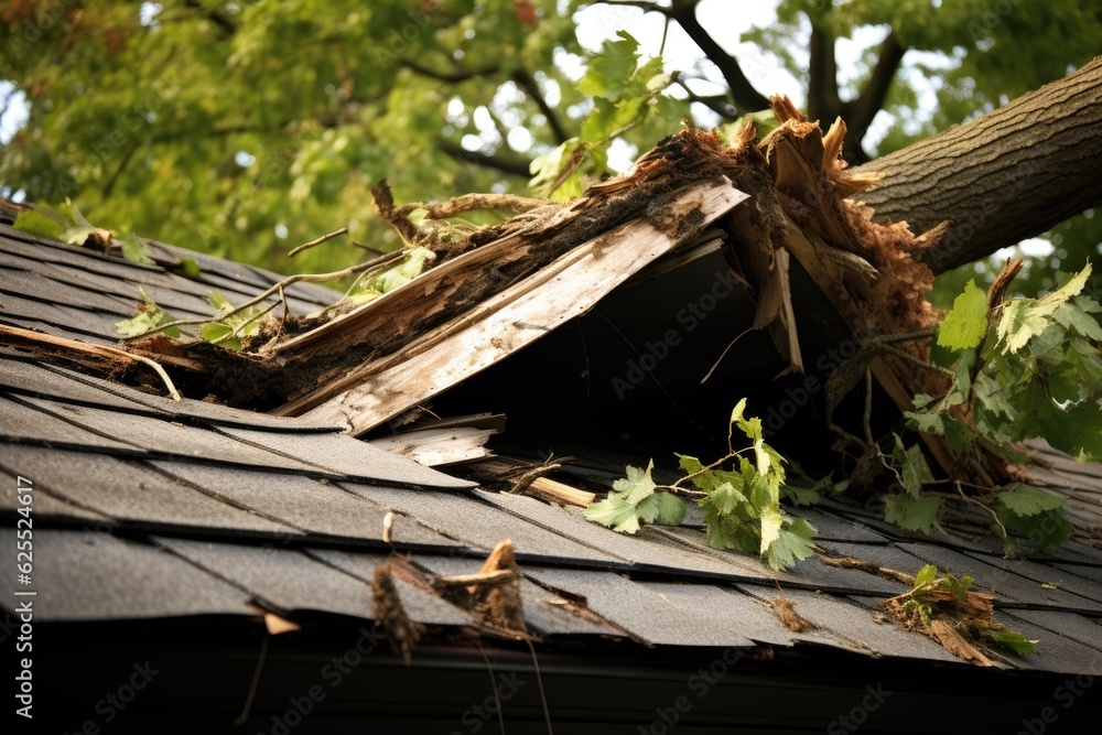 Damage to the roof caused by a fallen tree during a hurricane storm ...
