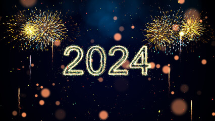 Poster - Happy new year 2024 celebration concept. Slow motion bokeh particle confetti and sparkling fireworks on a dark background.