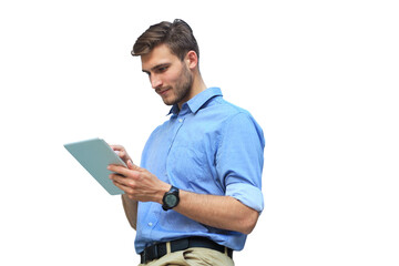 Wall Mural - Young man using his tablet on a transparent background