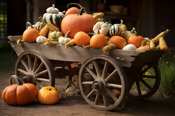 Canvas Print - A heartwarming scene showcasing a vibrant autumn harvest of pumpkins and gourds, arranged on a rustic farm cart. 
This image embodies the plentiful bounty of the fall season.