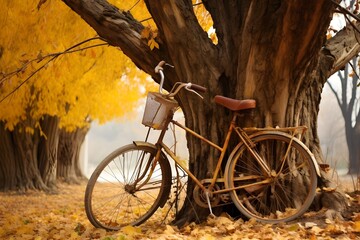 Canvas Print - A nostalgic image depicting an old bicycle leaning against a tree surrounded by a carpet of colorful autumn leaves. 
The picture captures the charm and sentimentality of the fall season.