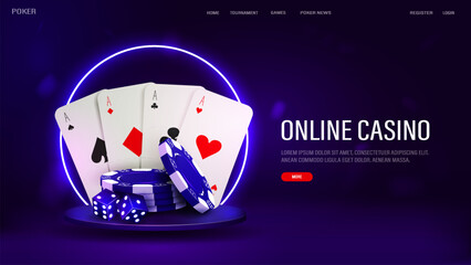 A web banner with cards, chips and dice for poker on the podium with a neon frame on a blue background. A casino-themed concept for a website with text.