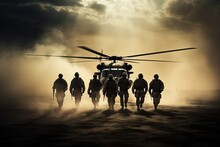 A Group Of Special Forces Soldiers In Front Of A Helicopter In The Sandy Dust. Wind From Propeller Blades. AI Generated Image.