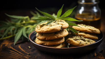Cookies with hemp on the table. Cooking concept with cannabis herb. Medical legal marijuana