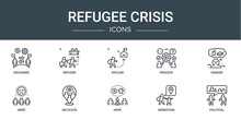 Set Of 10 Outline Web Refugee Crisis Icons Such As Exchange, Refugee, Asylum, Process, Hunger, Grief, Relocate Vector Icons For Report, Presentation, Diagram, Web Design, Mobile App