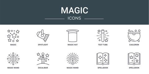 Wall Mural - set of 10 outline web magic icons such as magic, spotlight, magic hat, test tube, cauldron, wand, excalibur vector icons for report, presentation, diagram, web design, mobile app