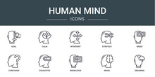 Set Of 10 Outline Web Human Mind Icons Such As Goal, Calm, Introvert, Strategy, Greed, Confusion, Exhausted Vector Icons For Report, Presentation, Diagram, Web Design, Mobile App