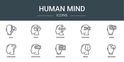 set of 10 outline web human mind icons such as goal, calm, introvert, strategy, greed, confusion, ex