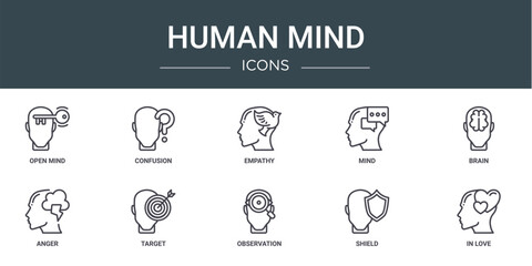 Wall Mural - set of 10 outline web human mind icons such as open mind, confusion, empathy, mind, brain, anger, target vector icons for report, presentation, diagram, web design, mobile app