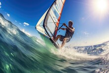 Exhilarating Experience Of Windsurfing From A First-person Perspective.