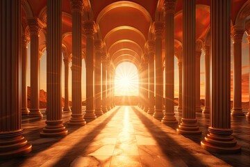 Poster - The rays of the sun filter through pillars within a lengthy and bright hallway.