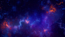 Dark Blue Nebula With Stars And Fiery Red Explosions In Outer Space. Abstract Fractal Art Background.