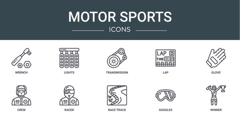 Wall Mural - set of 10 outline web motor sports icons such as wrench, lights, transmission, lap, glove, crew, racer vector icons for report, presentation, diagram, web design, mobile app