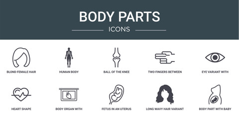 set of 10 outline web body parts icons such as blond female hair shape, human body, ball of the knee, two fingers between three in a hand, eye variant with enlarged pupil, heart shape, body organ