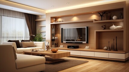 Wall Mural - modern interior living room wooden cabinet