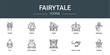 set of 10 outline web fairytale icons such as tower, forest, cabin, crown, mermaid, elf, frog prince vector icons for report, presentation, diagram, web design, mobile app