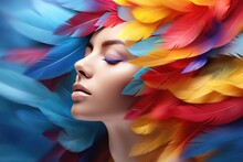 Woman With Multicolored Feathers In Hair, Created With Generative Ai