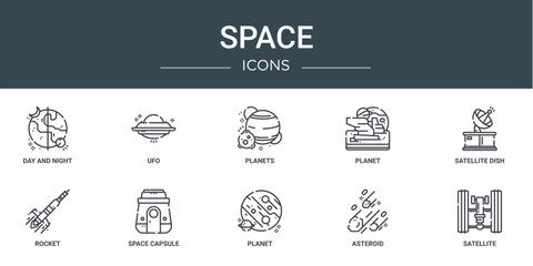 Wall Mural - set of 10 outline web space icons such as day and night, ufo, planets, planet, satellite dish, rocke