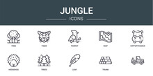 Set Of 10 Outline Web Jungle Icons Such As Tree, Tiger, Parrot, Map, Hippopotamus, Hedgehog, Trees Vector Icons For Report, Presentation, Diagram, Web Design, Mobile App