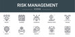 © MacroOne - set of 10 outline web risk management icons such as project, calendar, technology, financial profit, decision, identify, connect vector icons for report, presentation, diagram, web design, mobile