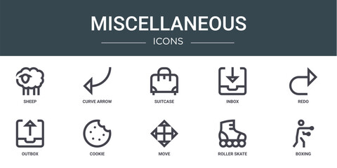 set of 10 outline web miscellaneous icons such as sheep, curve arrow, suitcase, inbox, redo, outbox, cookie vector icons for report, presentation, diagram, web design, mobile app