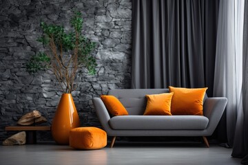 Poster - Home design featuring a grey stone wall adorned with a sofa and curtain decor, accompanied by a vase of plants and an orange lamp for added style.