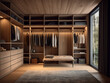 Stylish wood walk-in wardrobe design. Generative AI