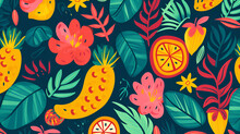 African Pattern With Tropical Fruits, Flowers And Palm Tree Leaves. Colorful Abstract African Banner With Tropic Leaves, Pineapple And Citurus. Botanical Background For Fabric, Wallpaper, Posters. AI