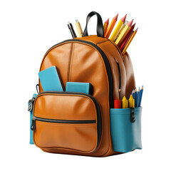 Back to school. Student backpack with supplies isolated on transparent background, PNG. 