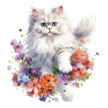 Persian Cat With Flower Isolated Transparent Background, Watercolor Painting Of Cute Animal, PNG Image File Format, AI Generated, Generative AI