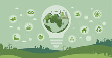 Concept Of Green Energy And Electric Energy Climate Change Is Reduced In Style Vector Icon. Green Environment Infographic Design Template For Web Banner